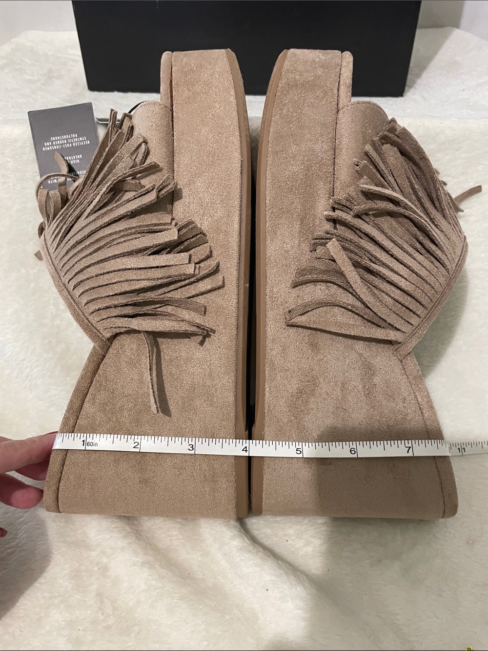Madden NYC Women's Tan Suede BOHO Fringe Wedge Slides - Picture 8 of 16